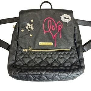 Betsy Johnson Black Quilted Backpack Heart Graffiti Studded Floral Lining